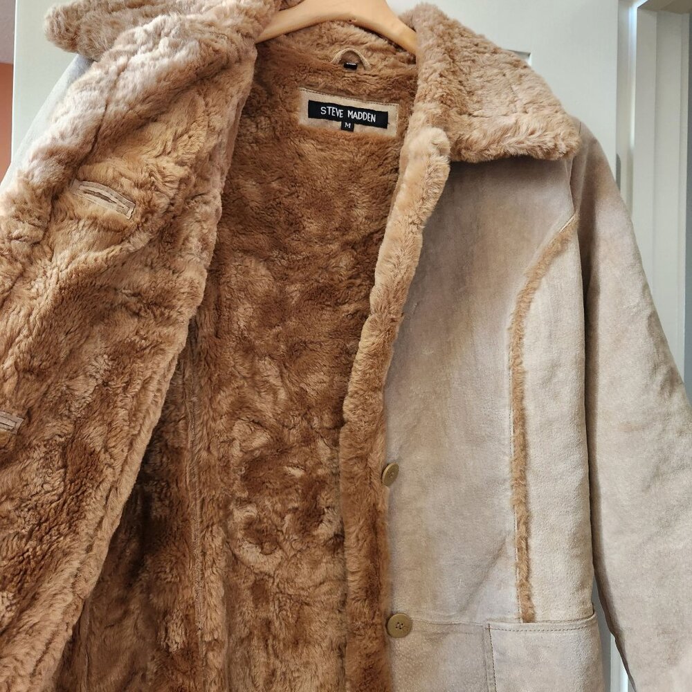 Steve Madden Vintage Y2k Genuine Leather Faux Shearling Long Coat Penny Lane - Picture 4 of 16